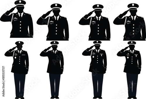 Silhouettes of military personnel saluting in formal uniform, representing honor, discipline, service branches, and patriotic respect on white background.
