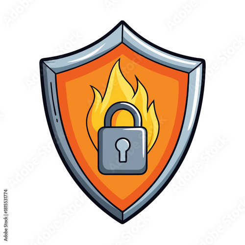 Cartoon Shield with Lock Indicating Cyber Security Protection