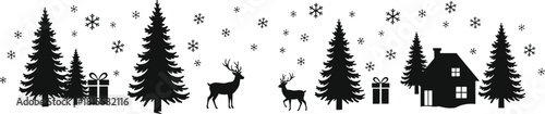 Complete Christmas and Winter Silhouette Vector Set, Holiday Forest Landscape, Pine Trees, Deer, Snowy Cabin, Gift Boxes, Stockings, Bells, Stars, Ribbon Banners, Ornament Collection, Isolated.