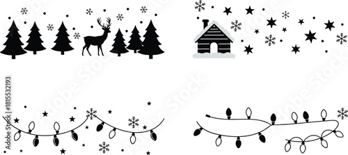 Comprehensive Christmas and Winter Silhouette Vector Icon Set, Festive Holiday Design Elements, Pine Trees, Deer, Cabin, Lights, Stockings, Gifts, Ornaments, Ribbons, Isolated Collection.