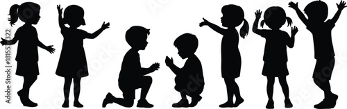 Silhouettes of playful children interacting in various poses, standing, squatting, gesturing, communicating, ideal for educational and artistic themes
