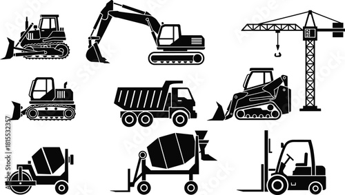Construction Site Heavy Machinery Vector Icons Set, Industrial Equipment Silhouettes Including Crane, Excavator, Dump Truck, Bulldozer, Concrete Mixer, and Forklift, Engineering Flat Design Template