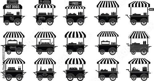 Street food cart silhouettes with striped canopy, hot dog stand, ice cream vendor, cake stall, pie shop, urban snack icons