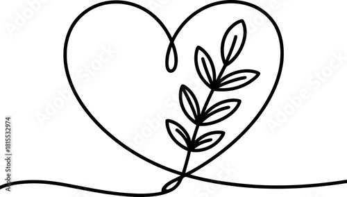 Black line art heart with branch and leaves on white background love nature