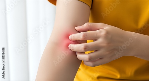 Irritated skin on arm, a woman scratching her red and itchy skin due to allergies or mosquito bites, dermatological skin problem, inflammation