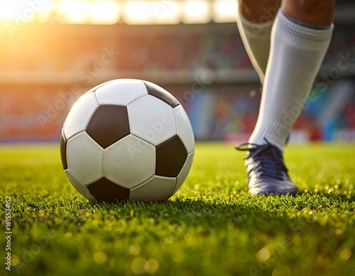スタジアムでサッカーをしている人の足とサッカーボール