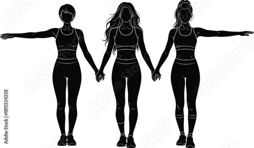 Three athletic women holding hands in unity, silhouette style, fitness teamwork, activewear fashion, female empowerment, sportswear vector illustration