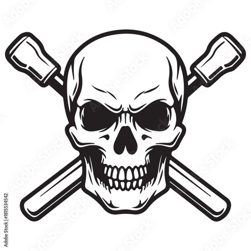 Stylized Skull with Crossed Mallets Black White Emblem Vector Art