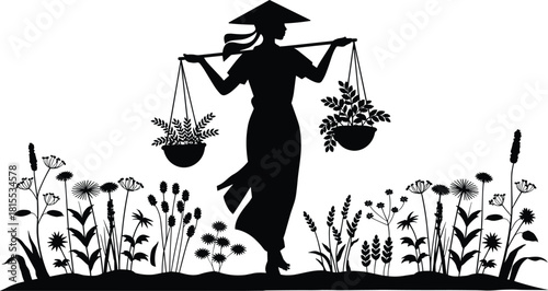 Traditional farmer silhouette with conical hat carrying herbal baskets in wildflower field, rural Asian agriculture scene, nature and culture harmony