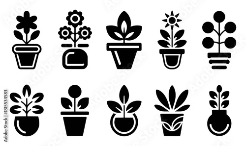 Collection of 10 Black and White Potted Plant Icons