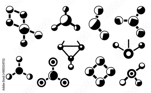 Collection of Black and White Molecular Structure Icons on White Background