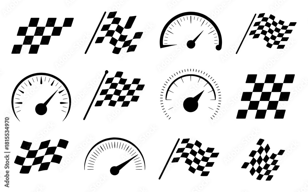 Obraz premium Collection of checkered flags and speedometers, racing icons