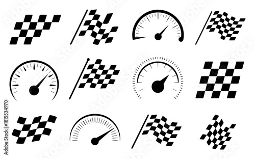 Collection of checkered flags and speedometers, racing icons