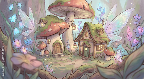 Whimsical Fairy Garden with Mushroom Houses and Glowing Lanterns