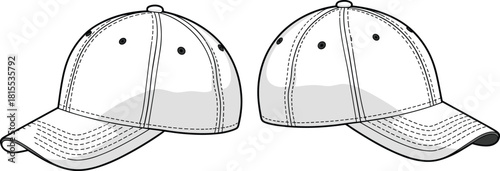 Two stylish baseball caps side by side with detailed stitching, curved brims, and ventilation holes for fashion accessory design