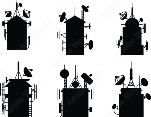 Urban rooftop silhouette of telecommunication antennas, satellite dishes, and broadcast towers for mobile network infrastructure and data transmission vector.