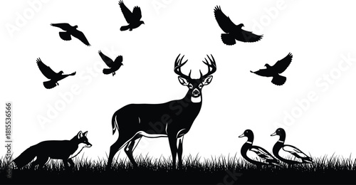 Wildlife silhouette scene with deer, fox, birds, ducks and grass in natural forest setting for nature and animal vector themes