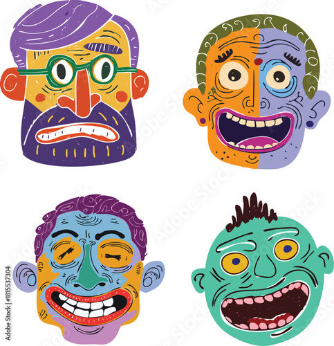 Four colorful, stylized illustrations of human faces with exaggerated features and expressions, each unique.