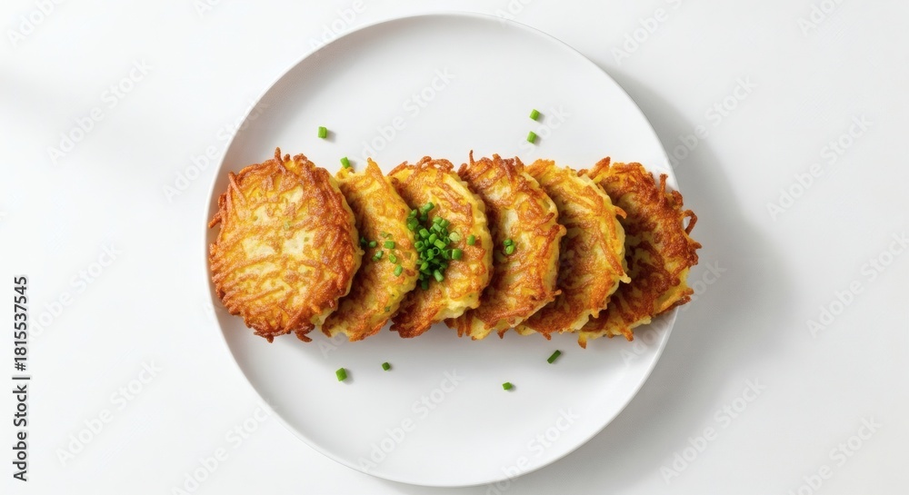 Fototapeta premium Potato latkes on a white plate, garnished with chives.