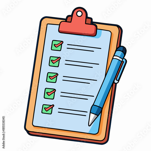 Cartoon clipboard with checklist and pen ready to take notes