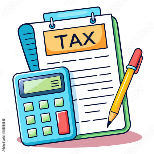 Cartoon tax document with calculator and pen for financial analysis