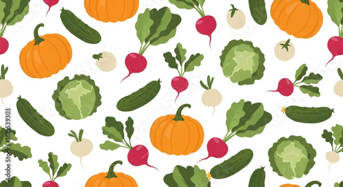 Celebrate healthy eating with this vibrant vegetable pattern featuring pumpkins, cucumbers, radishes, cabbages, and turnips for a fresh, organic vibe