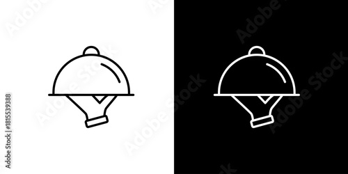 Hand holding a covered serving dish vector line icon. Simple outline symbol for food delivery, restaurant, and gourmet dining, isolated illustration element