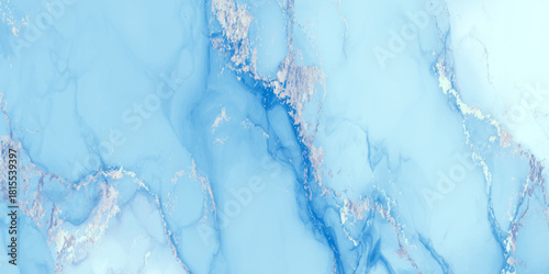 Abstract turquoise blue marble texture background with swirling ink and silver metallic veins for wall decor.