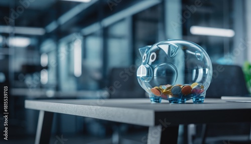 Transparent blue piggy bank with coins on a desk in a modern corporate office symbolizing financial savings