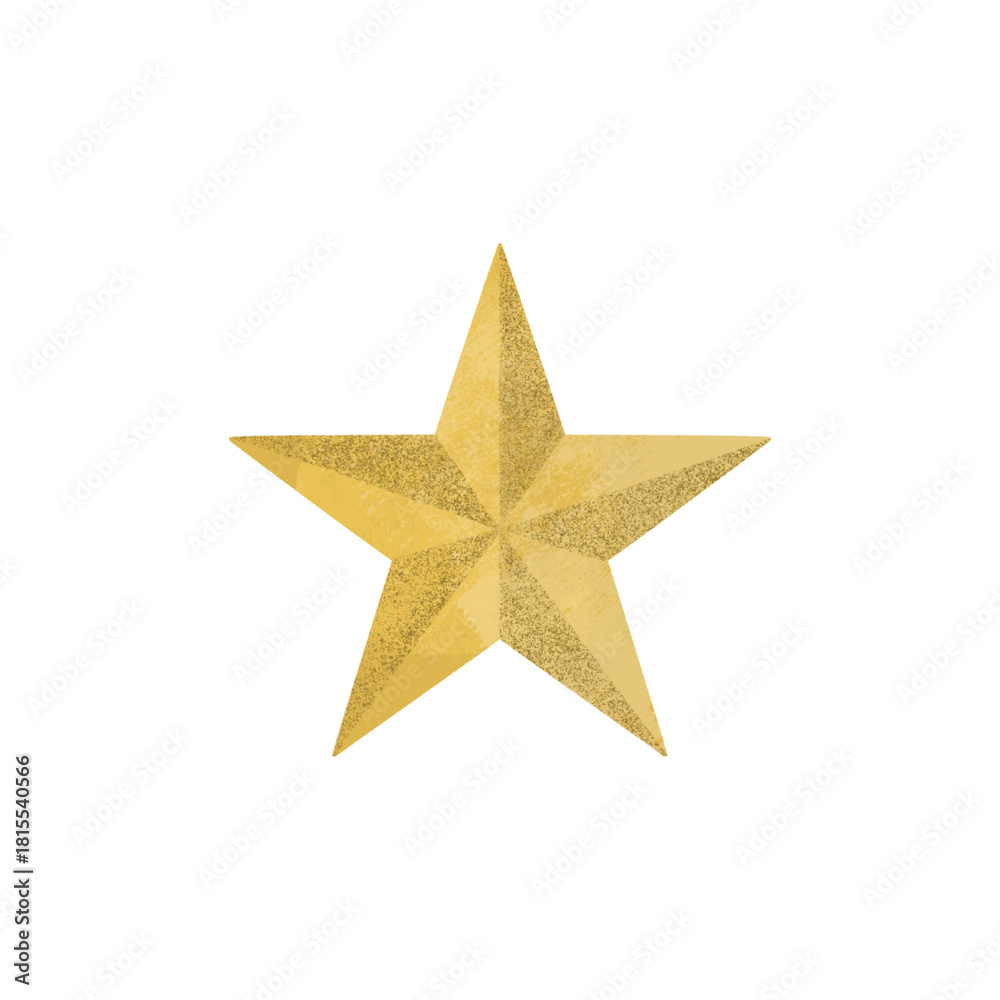 Fototapeta premium A shiny golden five-pointed star with a textured, metallic appearance, centered on a white background. The star has a subtle glitter effect, giving it a decorative and elegant look.