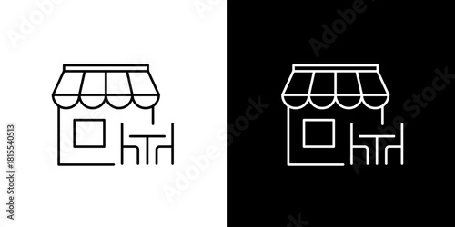 Vector icon illustration of a cafe with a canopy, table, and chairs. Suitable for business