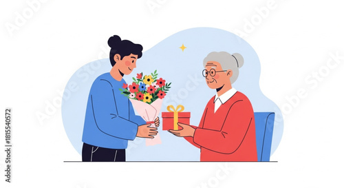 Thoughtful grandson gifting grandma flowers and a present, a sweet moment of family connection, celebrating love and showing appreciation, a heartwarming occasion