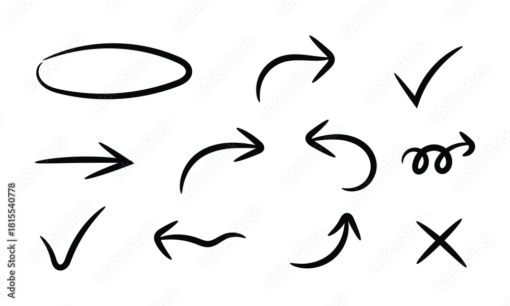 Fototapeta premium Hand drawn arrows, check marks and circle isolated on