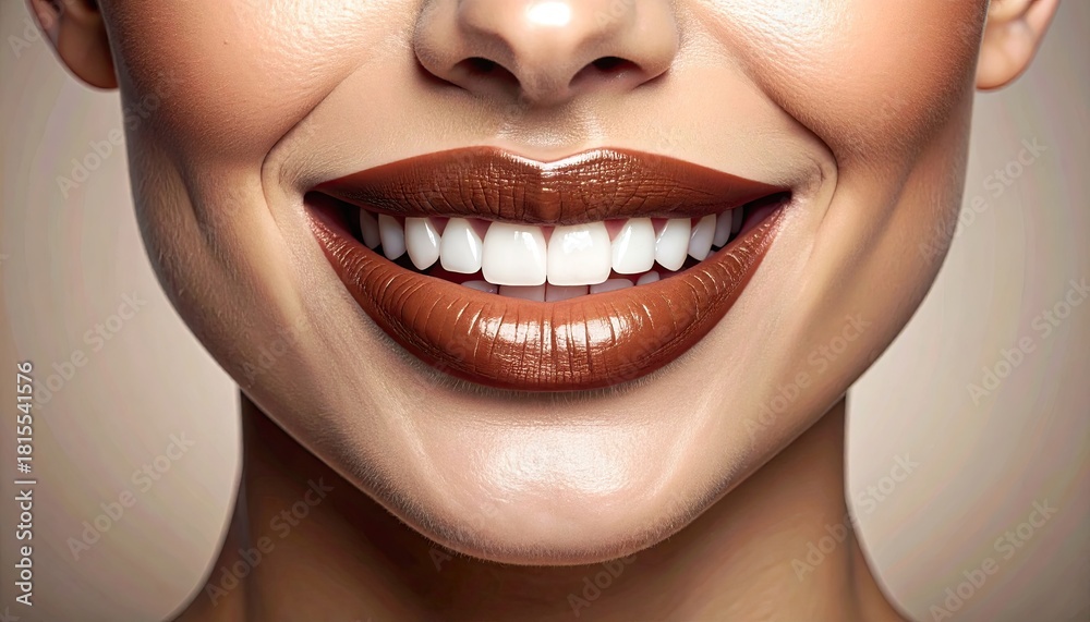Fototapeta premium Close up on shiny brown lipstick mouth smiling showing perfect white teeth with water droplets on skin natural lighting soft background beauty and cosmetics concept