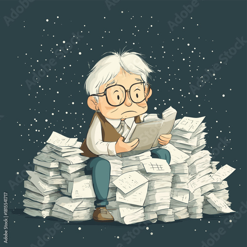 Stressed senior worker buried in piles of yearend paperwork during the winter holiday season , vector style simple color
