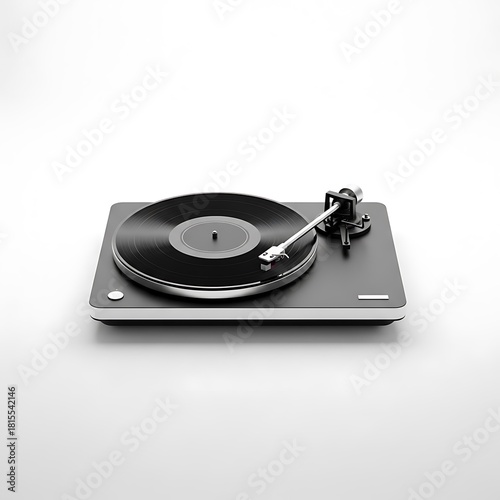 Modern minimalist turntable with a sleek black vinyl record spinning on a clean white background, highlighting a contemporary audio device for music enthusiasts.