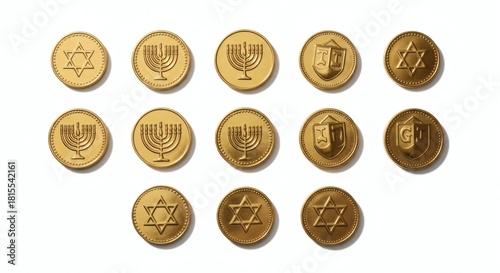 Hanukkah gelt: Gold coins with Jewish symbols on a white background.