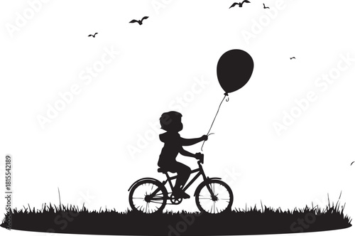 silhouette of a child riding bicycle with balloon