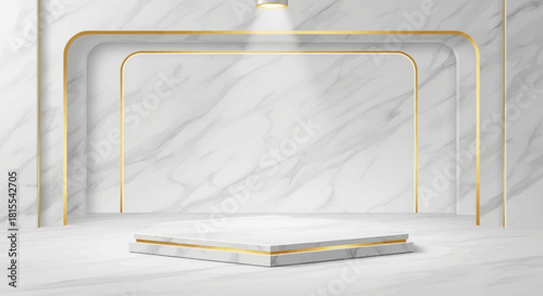 A sophisticated flat design illustration showcasing a modern product display platform crafted from marble and gold, perfect for luxury branding or e-commerce promotions.