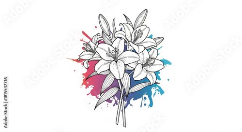 Elegant lilies with vibrant watercolor splashes create a stunning floral design, perfect for modern invitations and artistic backgrounds with a touch of sophistication