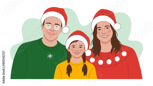 Festive Family Portrait: A cheerful family dressed in holiday attire, their faces alight with the spirit of togetherness, creating a heartwarming scene of festive joy.