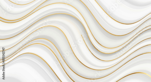 A captivating flat design illustration of a dynamic abstract wave pattern, where fluid marble-like shapes gracefully intermingle with elegant golden curves, creating a luxurious and flowing background