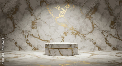 A clean flat design illustration of a minimalist room interior, featuring a prominent marble pedestal with golden accents against a luxurious marble and gold patterned wall, perfect for product showca