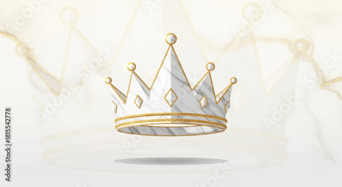 A majestic flat design illustration featuring a minimalist crown or tiara motif, exquisitely rendered with marble texture and golden details, set against a soft and regal marble and gold background