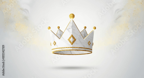 A majestic flat design illustration featuring a minimalist crown or tiara motif, exquisitely rendered with marble texture and golden details, set against a soft and regal marble and gold background