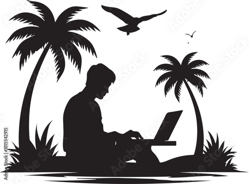 silhouette beach of a man sitting on a chair and a laptop
