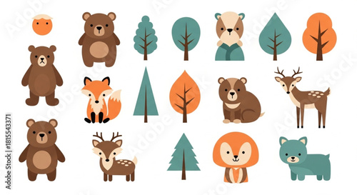 Adorable woodland creatures featuring cute bears, foxes, deer and trees, perfect for children's designs and nature-themed projects, a delightful and charming scene