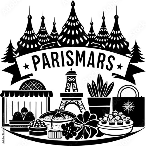 ParisMars Christmas Market – Festive Woodcut Art for Holiday Cards, Travel & French Design

