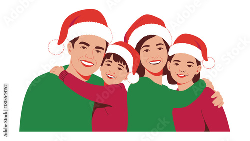 Christmas Family Portrait: A joyful family adorned in Santa hats embraces, capturing the warmth and unity of the holiday season, embodying the spirit of togetherness and love.