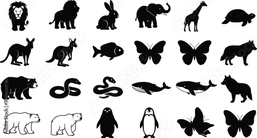 PrintAnimal silhouette set, wildlife vector illustration, zoo animals graphic, nature design icons, mammal bird reptile insect fish shapes